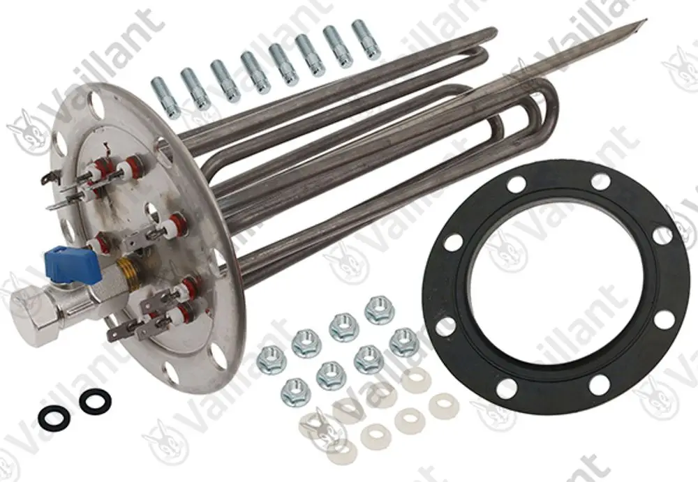 Vaillant Heizkörperheizelement mit mehreren Heizrohren, Anschlussflansch, Dichtungen und Befestigungsteilen auf geflochtenem Hintergrund.